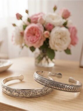 Silver Two-Piece Engraved Cuff Bracelet Set - Women Accessories